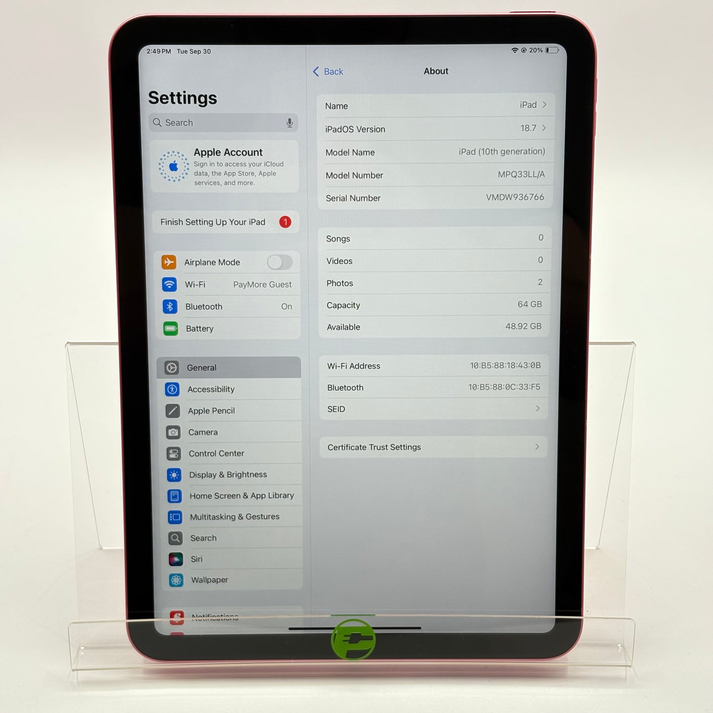 WiFi Only Apple iPad 10th Gen 64GB Pink MPQ33LL/A