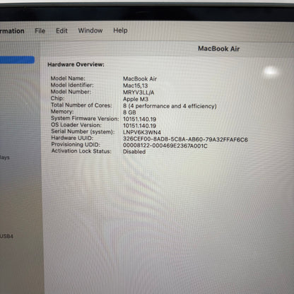 2024 Apple MacBook Air 15" M3 10C GPU 4.0GHz 8GB RAM 512GB SSD MRYV3LL/A